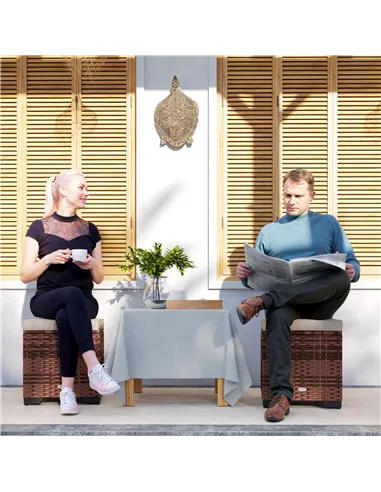 Outsunny Set of 2 Rattan Storage Ottoman, Outdoor Footstool with Removable Cushions, Garden Storage Seat for Balcony, Porch, Liv