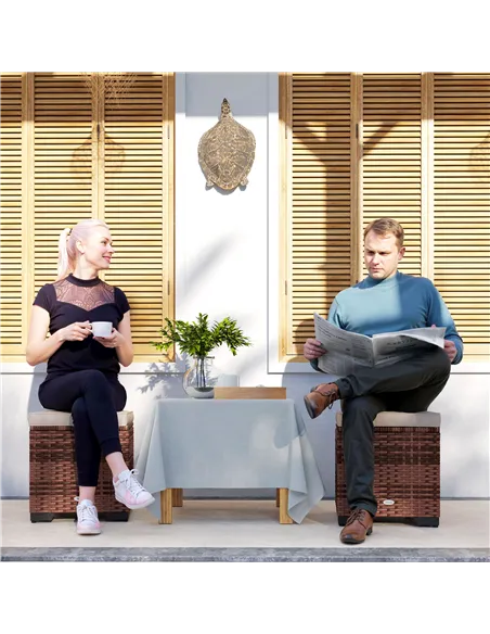 Outsunny Set of 2 Rattan Storage Ottoman, Outdoor Footstool with Removable Cushions, Garden Storage Seat for Balcony, Porch, Liv