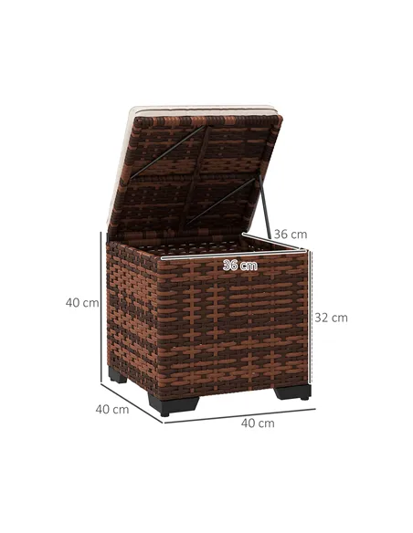 Outsunny Set of 2 Rattan Storage Ottoman, Outdoor Footstool with Removable Cushions, Garden Storage Seat for Balcony, Porch, Liv