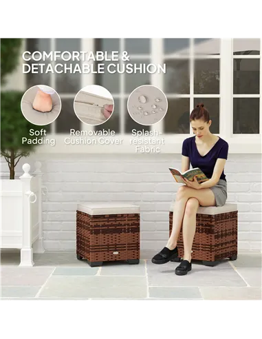 Outsunny Set of 2 Rattan Storage Ottoman, Outdoor Footstool with Removable Cushions, Garden Storage Seat for Balcony, Porch, Liv