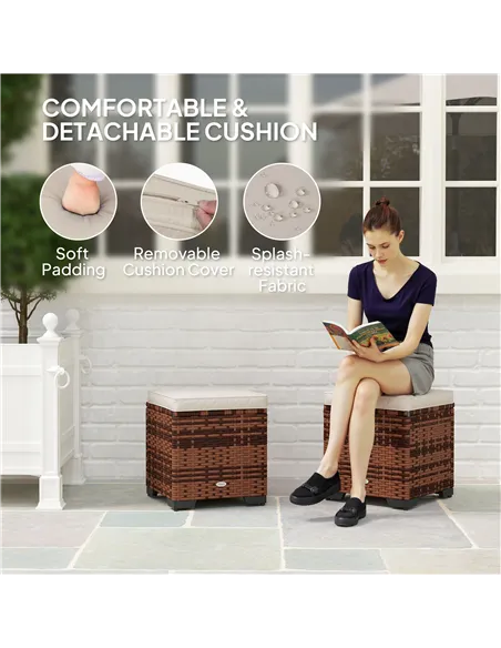 Outsunny Set of 2 Rattan Storage Ottoman, Outdoor Footstool with Removable Cushions, Garden Storage Seat for Balcony, Porch, Liv