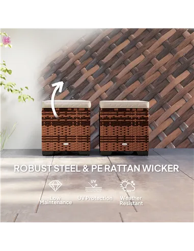 Outsunny Set of 2 Rattan Storage Ottoman, Outdoor Footstool with Removable Cushions, Garden Storage Seat for Balcony, Porch, Liv