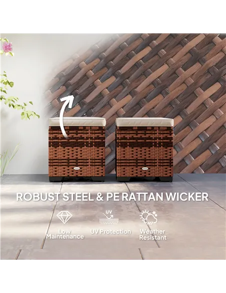 Outsunny Set of 2 Rattan Storage Ottoman, Outdoor Footstool with Removable Cushions, Garden Storage Seat for Balcony, Porch, Liv