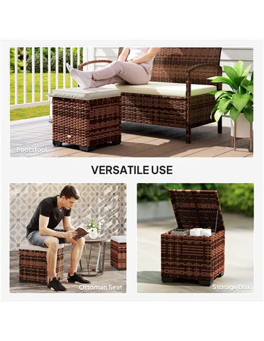 Outsunny Set of 2 Rattan Storage Ottoman, Outdoor Footstool with Removable Cushions, Garden Storage Seat for Balcony, Porch, Liv