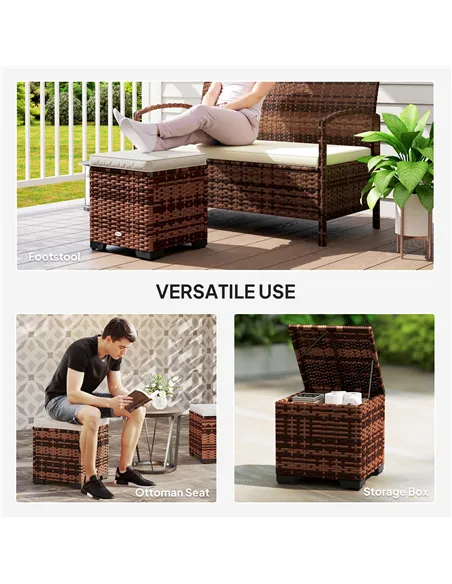 Outsunny Set of 2 Rattan Storage Ottoman, Outdoor Footstool with Removable Cushions, Garden Storage Seat for Balcony, Porch, Liv