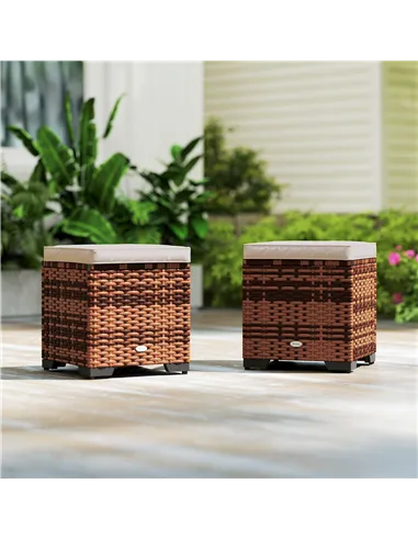 Outsunny Set of 2 Rattan Storage Ottoman, Outdoor Footstool with Removable Cushions, Garden Storage Seat for Balcony, Porch, Liv