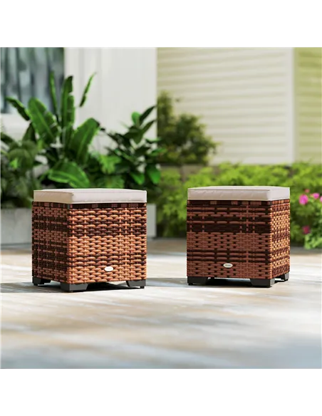 Outsunny Set of 2 Rattan Storage Ottoman, Outdoor Footstool with Removable Cushions, Garden Storage Seat for Balcony, Porch, Liv