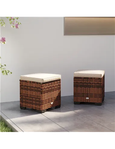 Outsunny Set of 2 Rattan Storage Ottoman, Outdoor Footstool with Removable Cushions, Garden Storage Seat for Balcony, Porch, Liv