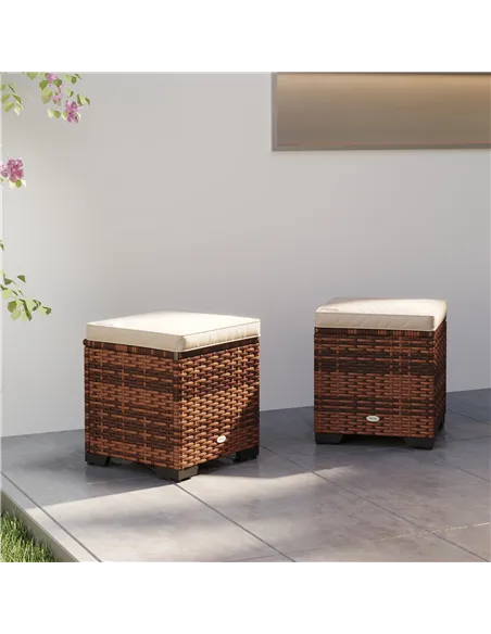 Outsunny Set of 2 Rattan Storage Ottoman, Outdoor Footstool with Removable Cushions, Garden Storage Seat for Balcony, Porch, Liv