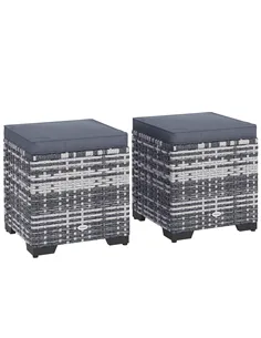 Outsunny Set of 2 Rattan Storage Ottoman, Outdoor Footstool with Removable Cushions, Garden Storage Seat for Balcony, Porch, Liv