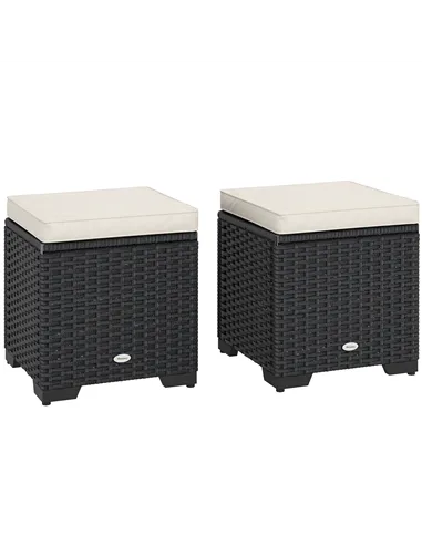 Outsunny Set of 2 Rattan Storage Ottoman, Outdoor Footstool with Removable Cushions, Garden Storage Seat for Balcony, Porch, Liv