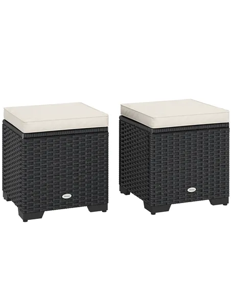 Outsunny Set of 2 Rattan Storage Ottoman, Outdoor Footstool with Removable Cushions, Garden Storage Seat for Balcony, Porch, Liv