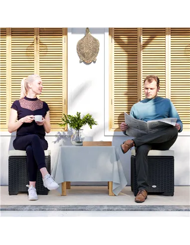 Outsunny Set of 2 Rattan Storage Ottoman, Outdoor Footstool with Removable Cushions, Garden Storage Seat for Balcony, Porch, Liv