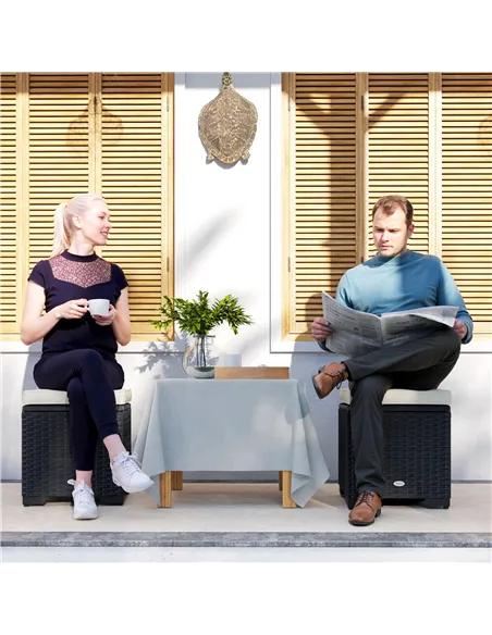 Outsunny Set of 2 Rattan Storage Ottoman, Outdoor Footstool with Removable Cushions, Garden Storage Seat for Balcony, Porch, Liv