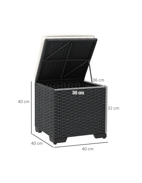 Outsunny Set of 2 Rattan Storage Ottoman, Outdoor Footstool with Removable Cushions, Garden Storage Seat for Balcony, Porch, Liv