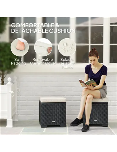 Outsunny Set of 2 Rattan Storage Ottoman, Outdoor Footstool with Removable Cushions, Garden Storage Seat for Balcony, Porch, Liv