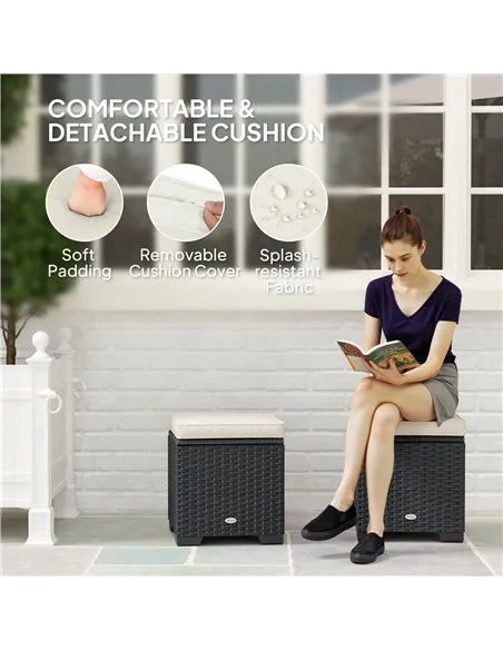 Outsunny Set of 2 Rattan Storage Ottoman, Outdoor Footstool with Removable Cushions, Garden Storage Seat for Balcony, Porch, Liv