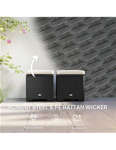 Outsunny Set of 2 Rattan Storage Ottoman, Outdoor Footstool with Removable Cushions, Garden Storage Seat for Balcony, Porch, Liv