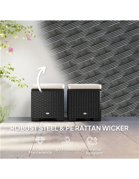 Outsunny Set of 2 Rattan Storage Ottoman, Outdoor Footstool with Removable Cushions, Garden Storage Seat for Balcony, Porch, Liv