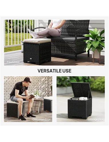Outsunny Set of 2 Rattan Storage Ottoman, Outdoor Footstool with Removable Cushions, Garden Storage Seat for Balcony, Porch, Liv
