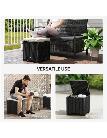 Outsunny Set of 2 Rattan Storage Ottoman, Outdoor Footstool with Removable Cushions, Garden Storage Seat for Balcony, Porch, Liv