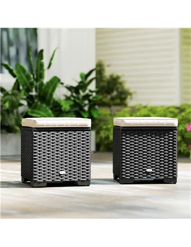 Outsunny Set of 2 Rattan Storage Ottoman, Outdoor Footstool with Removable Cushions, Garden Storage Seat for Balcony, Porch, Liv