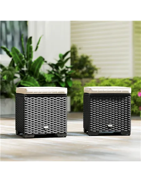 Outsunny Set of 2 Rattan Storage Ottoman, Outdoor Footstool with Removable Cushions, Garden Storage Seat for Balcony, Porch, Liv
