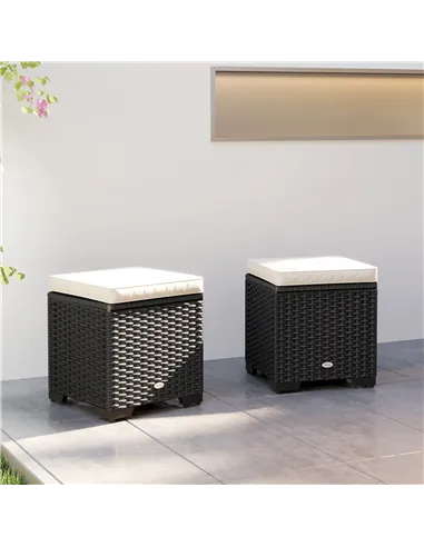 Outsunny Set of 2 Rattan Storage Ottoman, Outdoor Footstool with Removable Cushions, Garden Storage Seat for Balcony, Porch, Liv