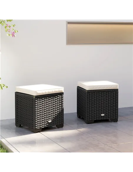 Outsunny Set of 2 Rattan Storage Ottoman, Outdoor Footstool with Removable Cushions, Garden Storage Seat for Balcony, Porch, Liv