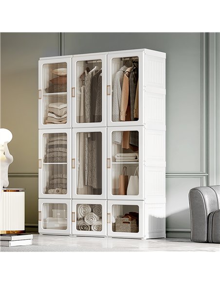 HOMCOM Portable Clothes Wardrobe for Bedroom, Foldable Clothes Organiser with Cube Storage, Hanging Rods, Magnet Doors, White