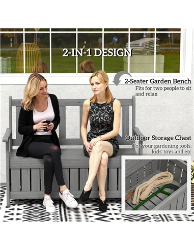 Outsunny 2-Seater Garden Storage Bench for Patio Wood Porch Decor Outdoor Seating, Charcoal Grey