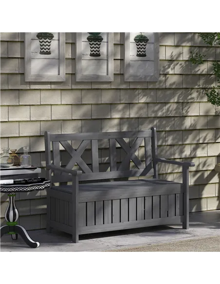 Outsunny 2-Seater Garden Storage Bench for Patio Wood Porch Decor Outdoor Seating, Charcoal Grey