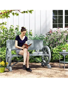 Outsunny Fir Wood 2-Seater Outdoor Garden Wagon Wheel Bench, Grey 2