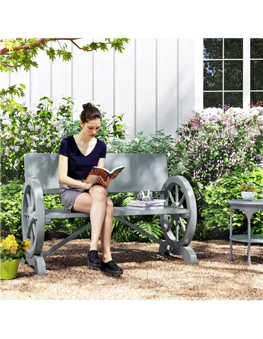 Outsunny Fir Wood 2-Seater Outdoor Garden Wagon Wheel Bench, Grey
