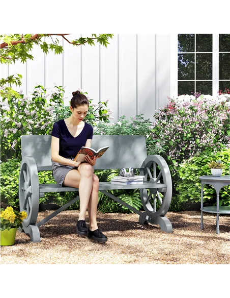 Outsunny Fir Wood 2-Seater Outdoor Garden Wagon Wheel Bench, Grey