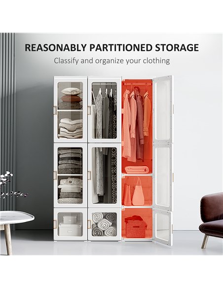 HOMCOM Portable Clothes Wardrobe for Bedroom, Foldable Clothes Organiser with Cube Storage, Hanging Rods, Magnet Doors, White