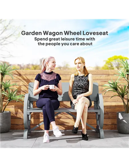 Outsunny Fir Wood 2-Seater Outdoor Garden Wagon Wheel Bench, Grey