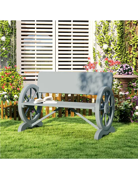 Outsunny Fir Wood 2-Seater Outdoor Garden Wagon Wheel Bench, Grey