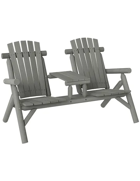 Outsunny Wood Patio Chair Bench 2 Seats w/ Centre Coffee Table, Garden Bench, Grey