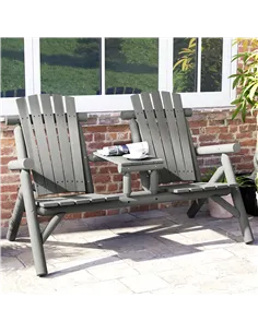Outsunny Wood Patio Chair Bench 2 Seats w/ Centre Coffee Table, Garden Bench, Grey 2