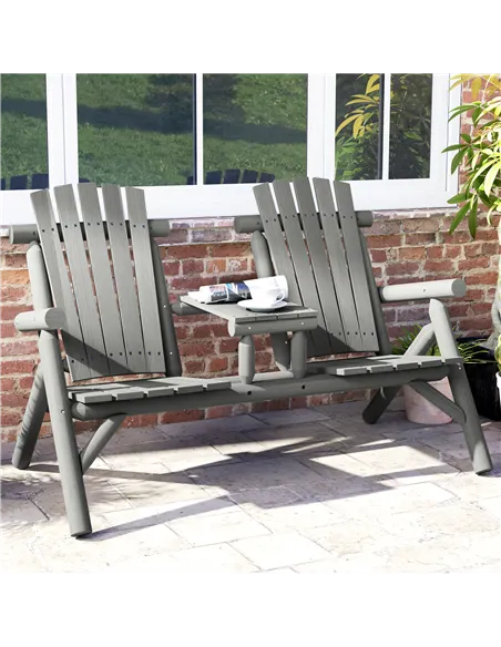 Outsunny Wood Patio Chair Bench 2 Seats w/ Centre Coffee Table, Garden Bench, Grey