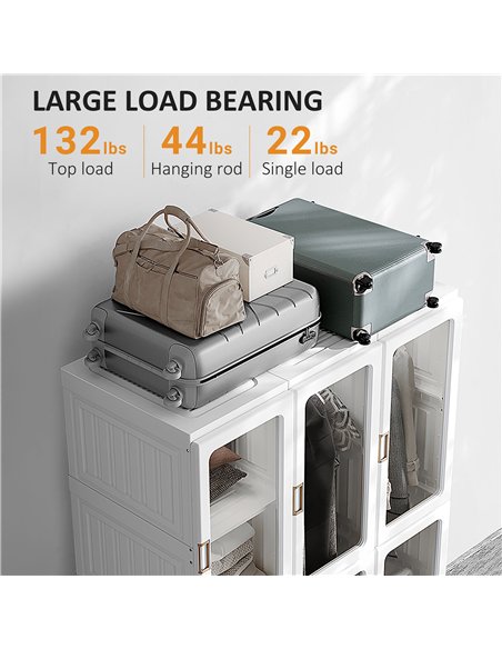 HOMCOM Portable Clothes Wardrobe for Bedroom, Foldable Clothes Organiser with Cube Storage, Hanging Rods, Magnet Doors, White