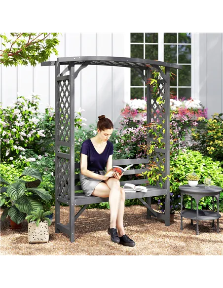 Outsunny Garden Bench, Wooden Garden Arbour with Seat for Vines/Climbing Plants, Grey