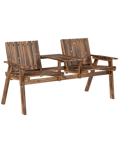 Outsunny 2-Seater Garden Bench with Table & Parasol Hole, Antique Loveseat for Porch, Patio, Carbonised Finish