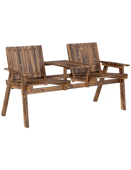 Outsunny 2-Seater Garden Bench with Table & Parasol Hole, Antique Loveseat for Porch, Patio, Carbonised Finish