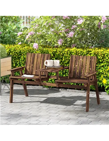 Outsunny 2-Seater Garden Bench with Table & Parasol Hole, Antique Loveseat for Porch, Patio, Carbonised Finish
