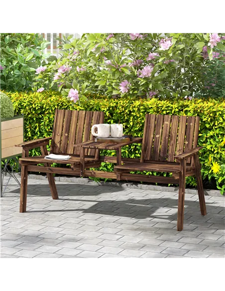 Outsunny 2-Seater Garden Bench with Table & Parasol Hole, Antique Loveseat for Porch, Patio, Carbonised Finish