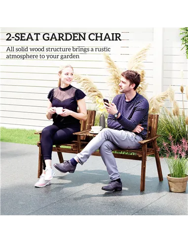 Outsunny 2-Seater Garden Bench with Table & Parasol Hole, Antique Loveseat for Porch, Patio, Carbonised Finish