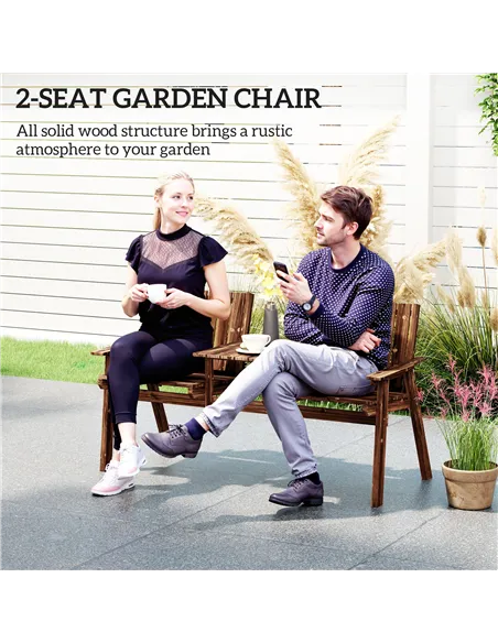 Outsunny 2-Seater Garden Bench with Table & Parasol Hole, Antique Loveseat for Porch, Patio, Carbonised Finish