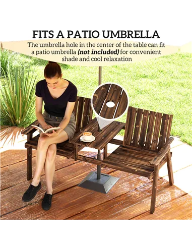 Outsunny 2-Seater Garden Bench with Table & Parasol Hole, Antique Loveseat for Porch, Patio, Carbonised Finish